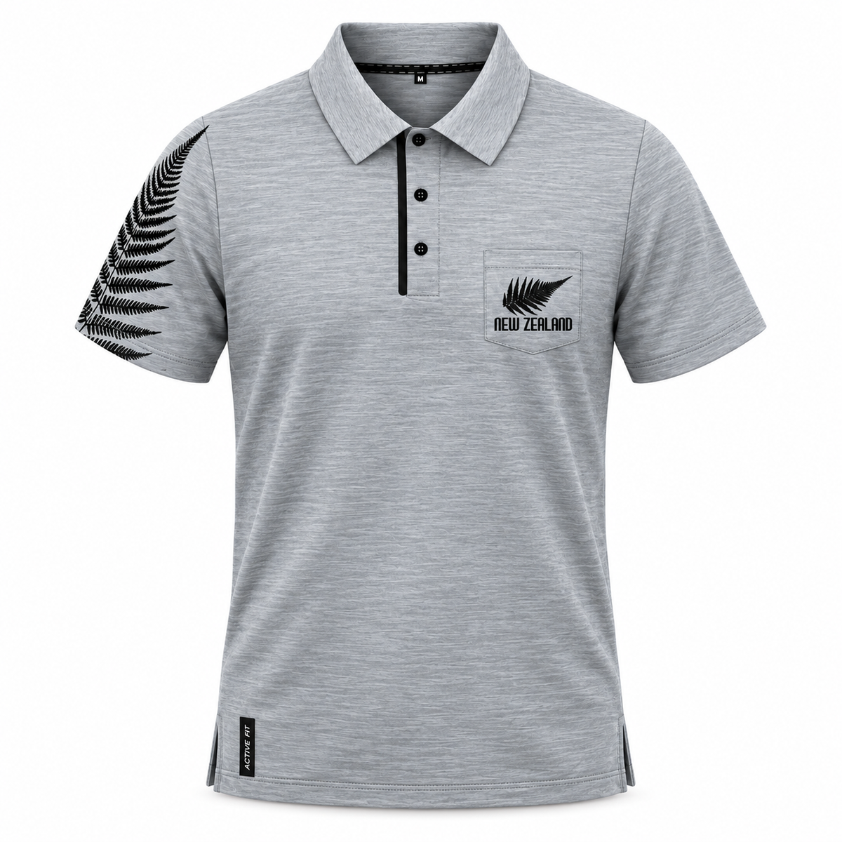 A heather gray short-sleeve polo shirt with a black fern leaf graphic on the right sleeve and a black fern leaf logo with 'NEW ZEALAND' text on the left chest pocket. The shirt features a three-button placket and is shown against a plain white background.