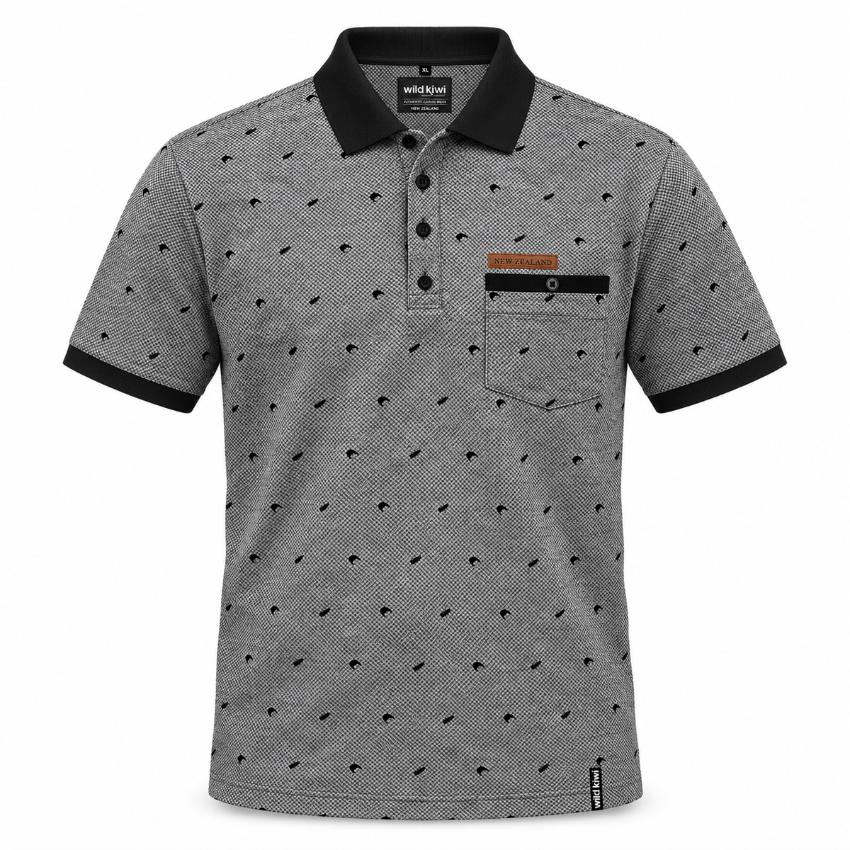 A short-sleeve polo shirt with a gray and black micro-pattern, featuring a solid black collar, black cuffs, and a black chest pocket with a small orange and black label.