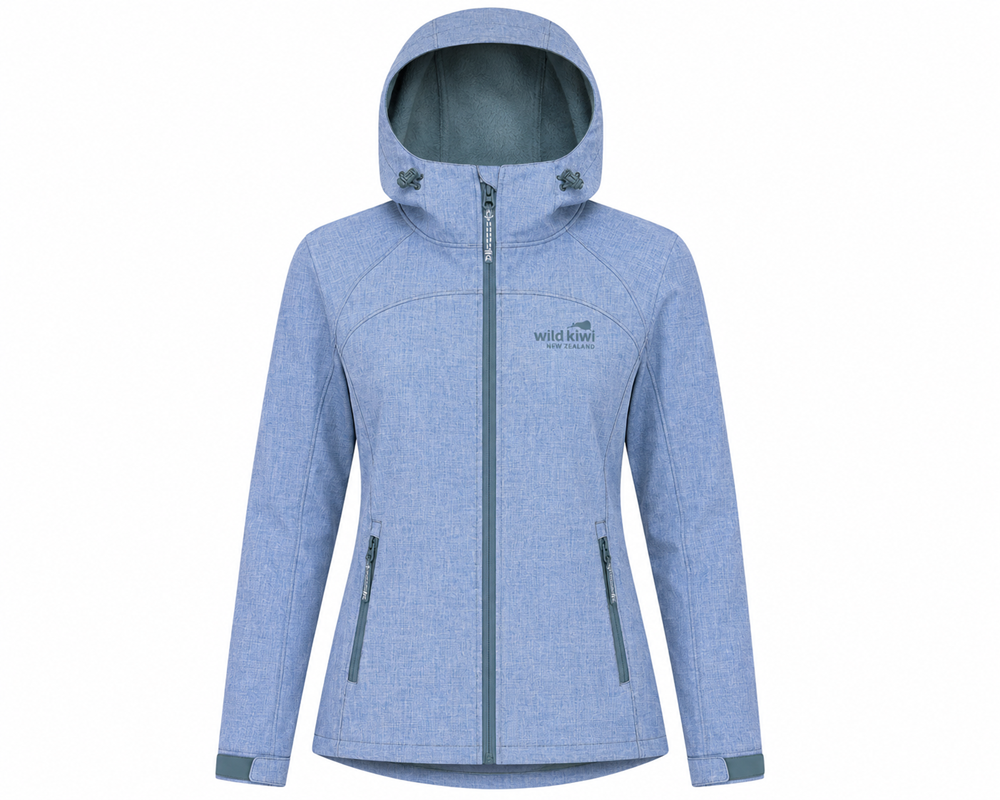 A women's hooded softshell jacket in a heathered light blue color, featuring a full-length front zipper, zippered hand pockets, and a visible 'wild beast' brand logo on the left chest.