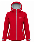 A bright red hooded jacket with a silver zipper, silver zippered hand pockets, and a light gray hood lining, shown on a plain white background. The Wild Apple logo is visible on the left chest.