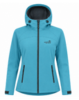 A women's teal blue hooded softshell jacket with a black front zipper, black zippered hand pockets, and a black interior hood lining. The brand 'wildbird' is printed on the left chest.