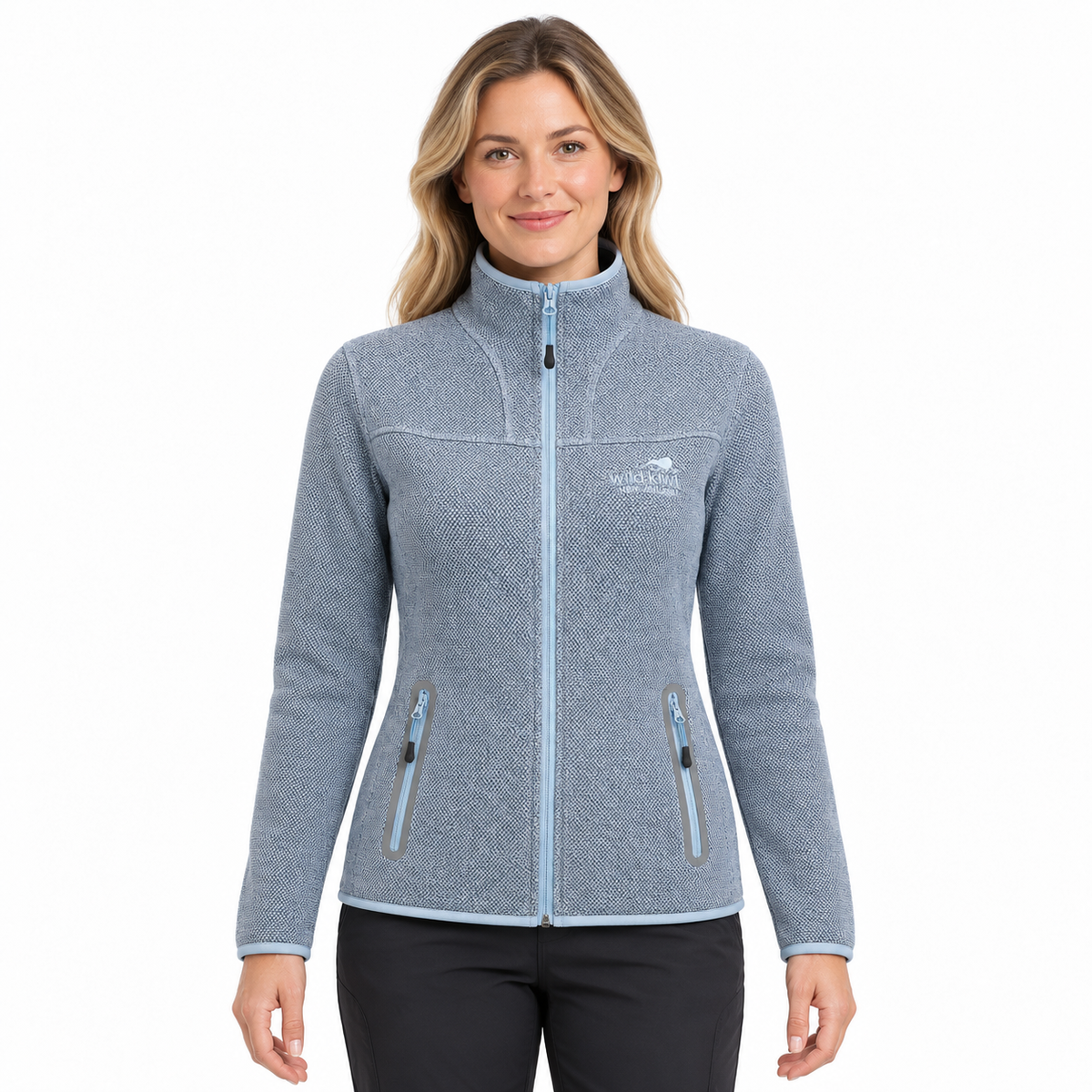 A woman modeling a light blue heathered fleece jacket with a full zip, stand-up collar, and zippered hand pockets, shown against a plain white background.