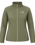 An olive green full-zip fleece jacket with a stand-up collar, featuring a white 'Wild Kiwi' logo on the left chest and silver zipper details, shown against a plain white background.