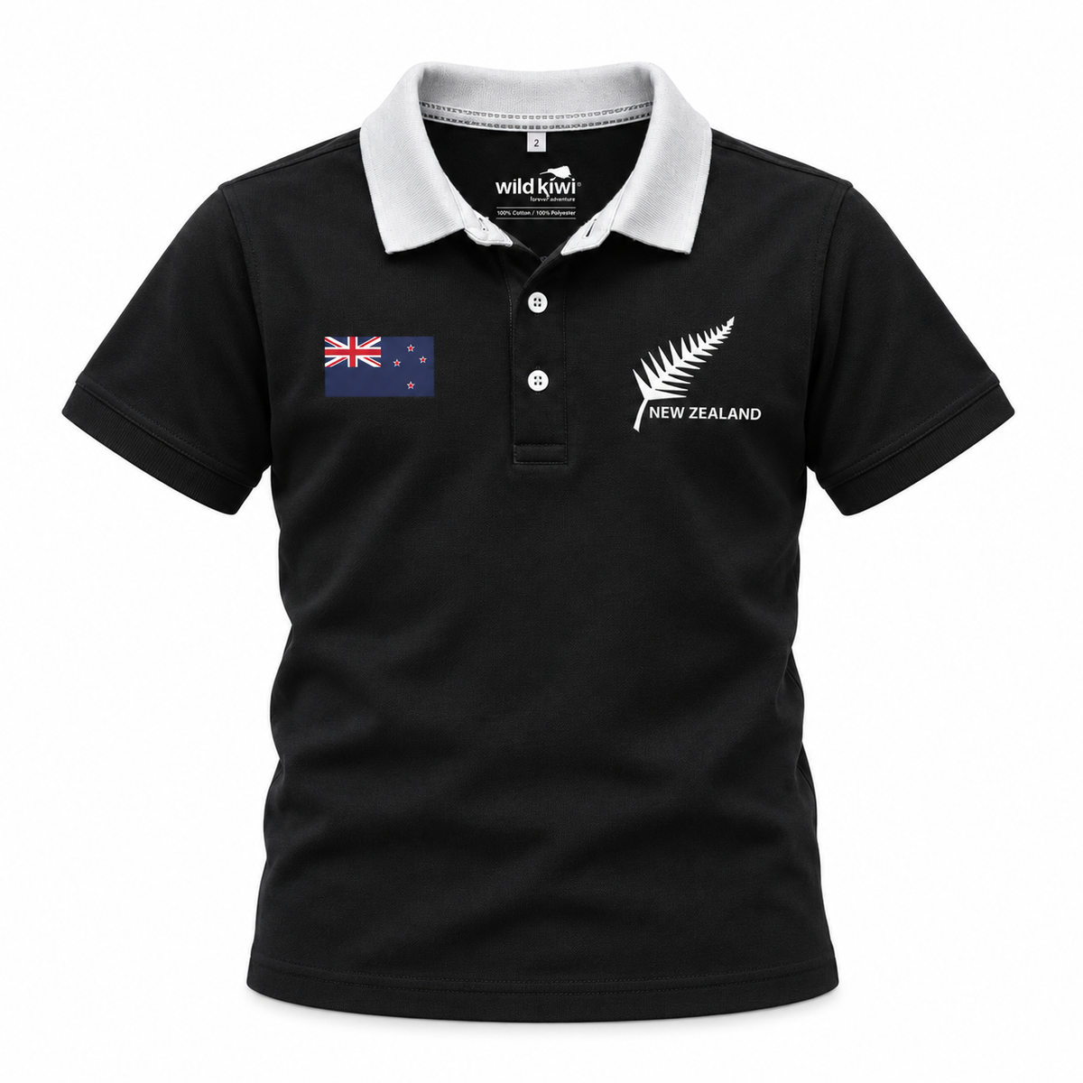 A black short-sleeve polo shirt with a white collar, featuring a New Zealand flag patch on the left chest and a white New Zealand fern logo with 'NEW ZEALAND' text on the right chest. The inner collar shows the brand 'wild kiwi'.