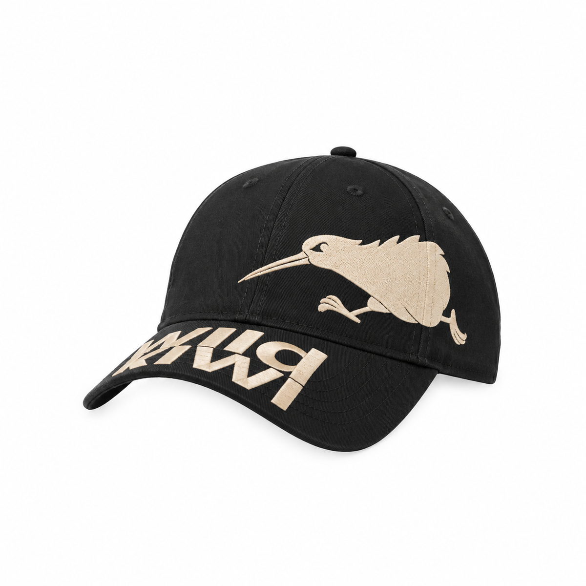 A charcoal baseball cap featuring a white embroidered kiwi bird logo on the front and white mirrored lettering on the brim, set against a plain white background.
