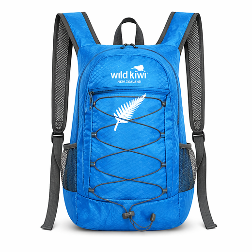 A bright blue backpack with black straps and mesh side pockets, featuring a white fern graphic and 'wild kiwi NEW ZEALAND' text on the front, set against a plain white background.
