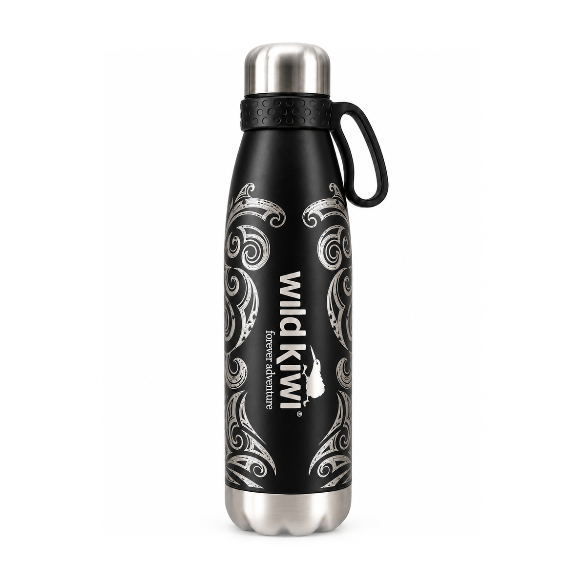 A black insulated water bottle with a silver stainless steel lid and base, featuring a black loop handle and white 'Wild Kiwi' branding with decorative swirls on the front, set against a plain white background.
