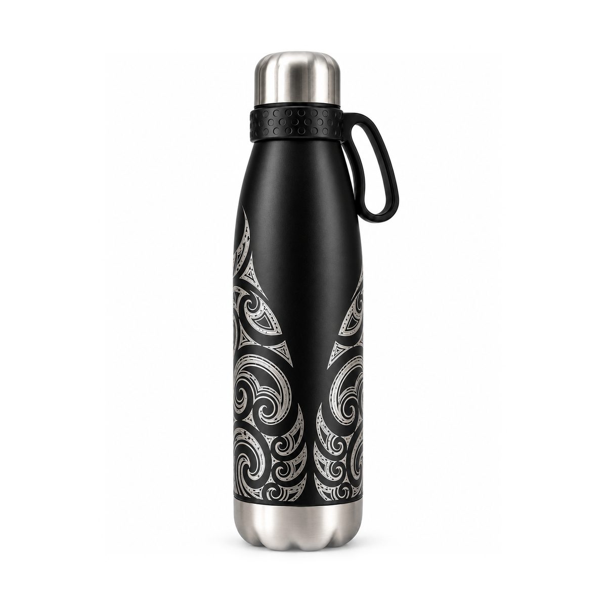 A black insulated water bottle with a silver stainless steel lid and base, featuring a black loop handle and white 'Wild Kiwi' branding with decorative swirls on the front, set against a plain white background.