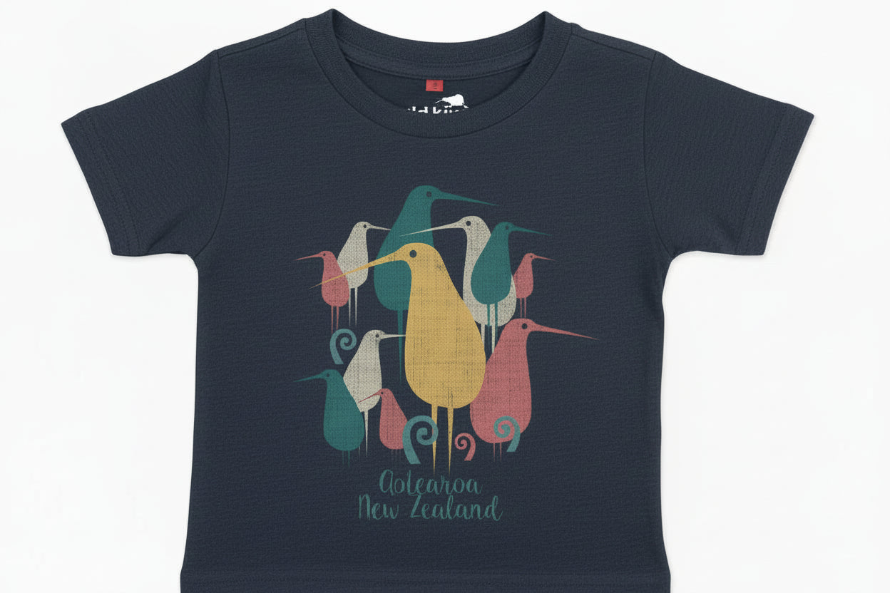 Children's t-shirt with colorful bird design on a white background