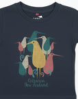 Children's t-shirt with colorful bird design on a white background
