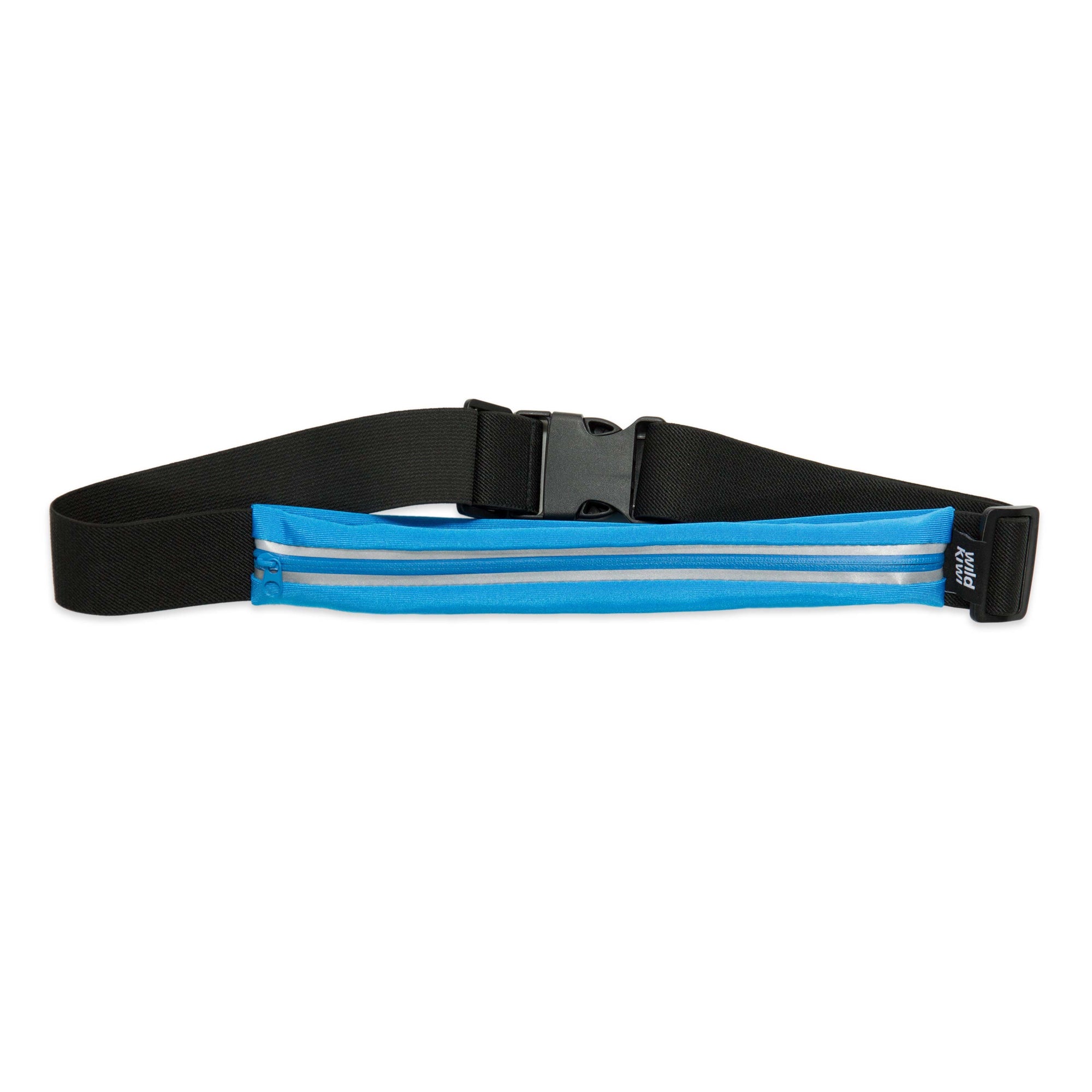 A black and bright blue running belt with reflective silver stripes and a black plastic buckle, shown against a plain white background.