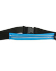 A black and bright blue running belt with reflective silver stripes and a black plastic buckle, shown against a plain white background.