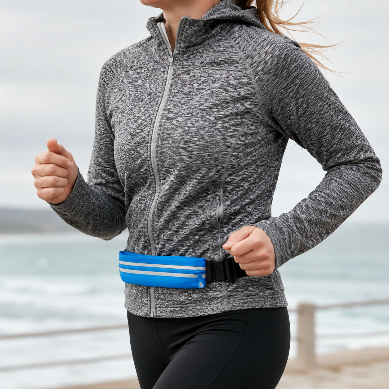 A woman running outdoors near the ocean wears a blue and white reflective waist belt with a black buckle over a gray heathered zip-up hoodie.
