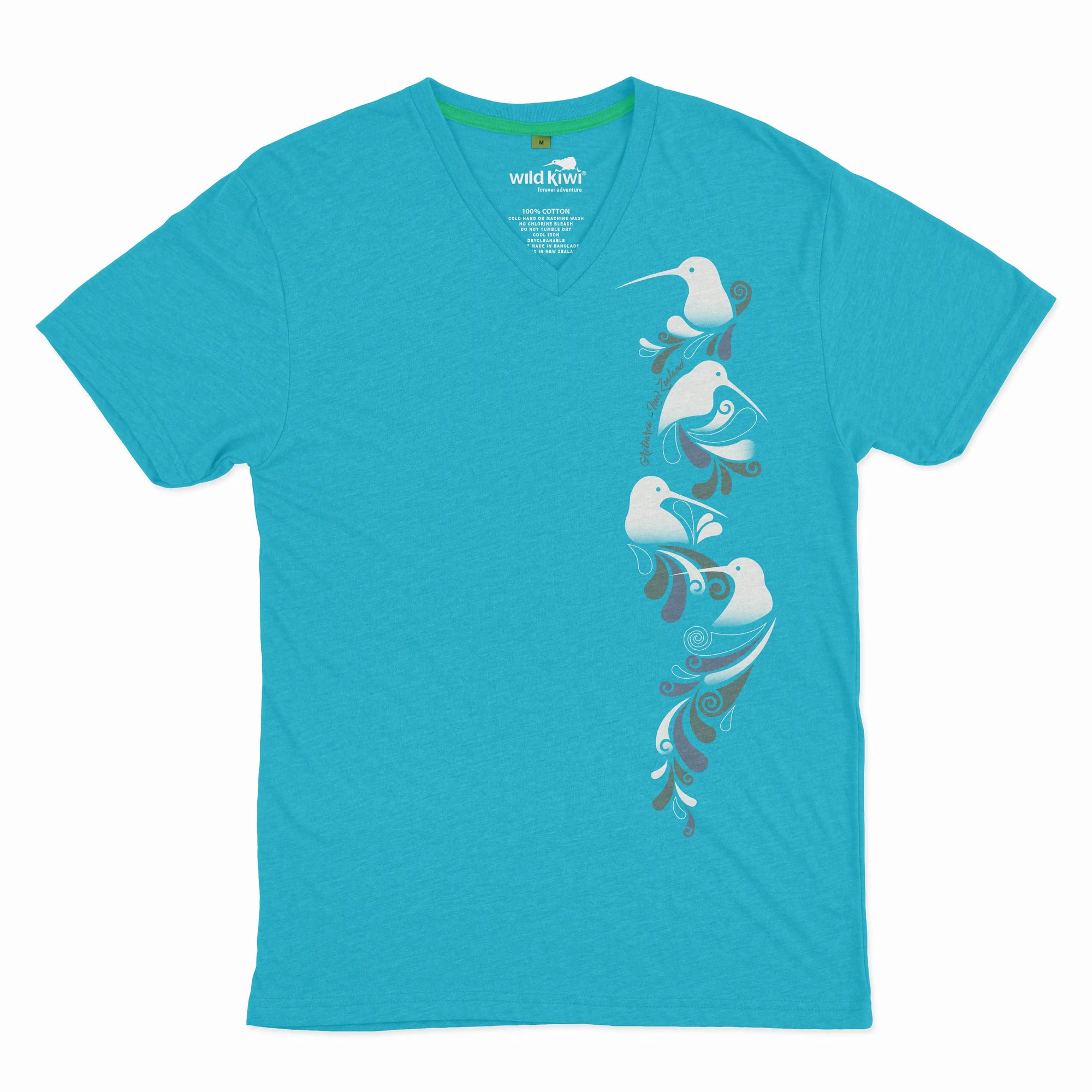 Turquoise t-shirt with bird design on a white background