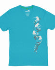 Turquoise t-shirt with bird design on a white background