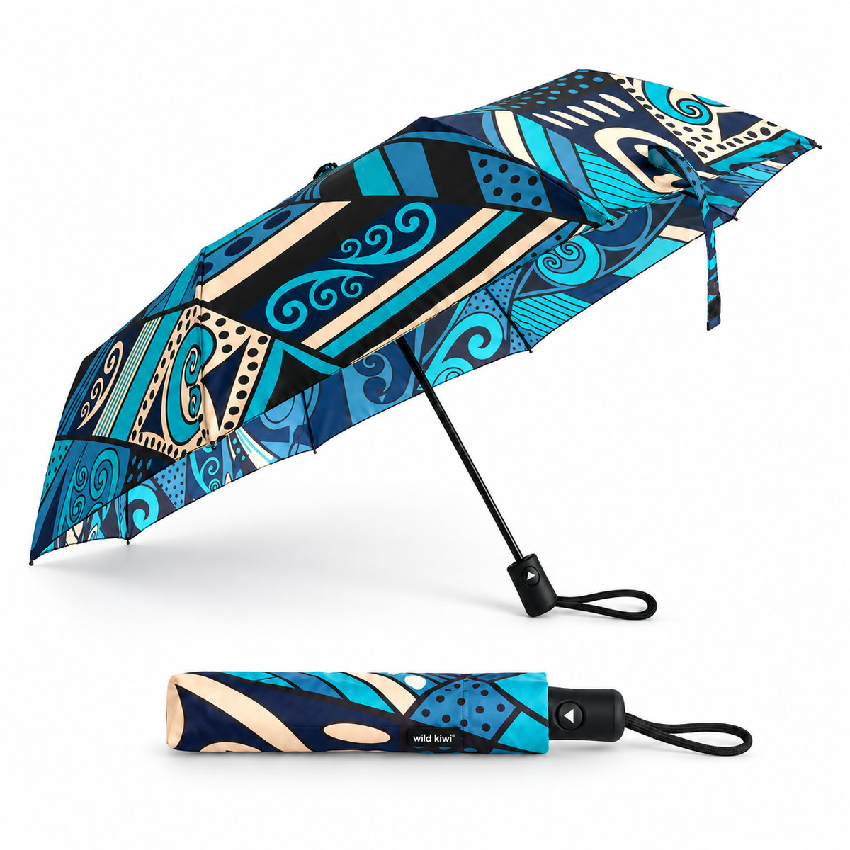A compact folding umbrella with a bold geometric and tribal-inspired pattern in blue, teal, black, and beige, shown open with its black handle and wrist loop, plus the folded umbrella displayed below on a plain white background.