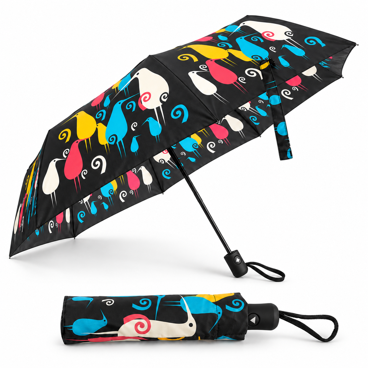 A compact folding umbrella shown open and closed on a plain white background. The umbrella features a black base with a colourful abstract bird pattern in blue, yellow, pink, white, and red.