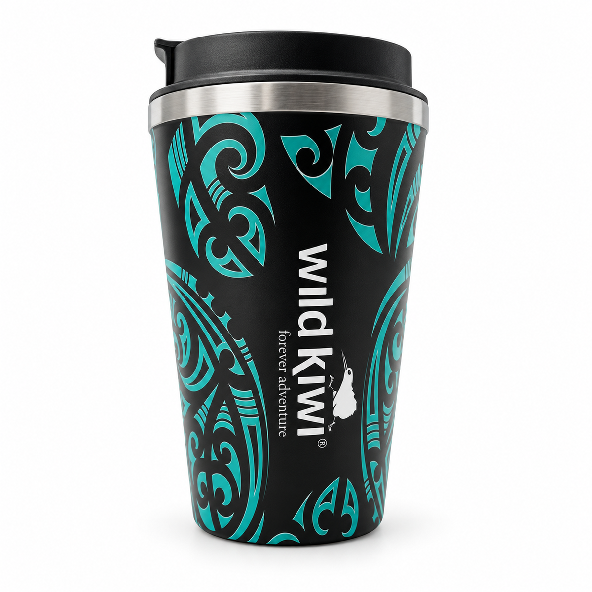 A black insulated travel tumbler with a teal Polynesian tribal pattern and white 'Wild Kiwi' branding, shown on a plain white background.