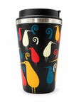Colourful bird-patterned travel mug on a white background
