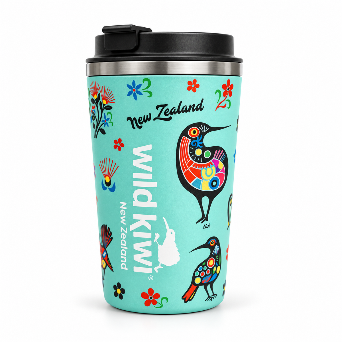 A mint green New Zealand travel tumbler with a black lid, decorated with colourful wild kiwi birds, flowers, and the text 'Wild Kiwi New Zealand'.