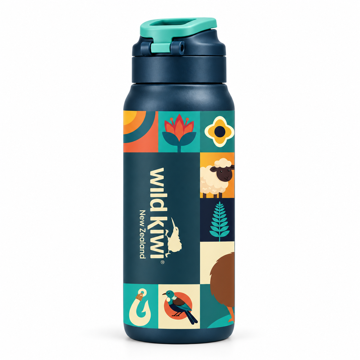 A dark teal insulated water bottle with a matching teal flip-top lid, featuring a colourful New Zealand-themed graphic label with illustrations of a kiwi bird, sheep, fern, and other local motifs. The brand 'Wild Kiwi New Zealand' is printed vertically on the front.
