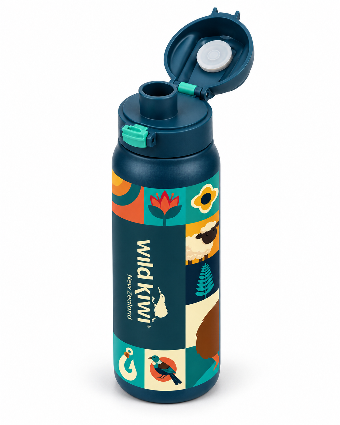 A dark teal insulated water bottle with an open flip-top lid, featuring a colourful New Zealand-themed wrap design with the brand name 'WildKiwi' and illustrations of local wildlife and scenery.