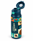 A dark teal insulated water bottle with an open flip-top lid, featuring a colourful New Zealand-themed wrap design with the brand name 'WildKiwi' and illustrations of local wildlife and scenery.