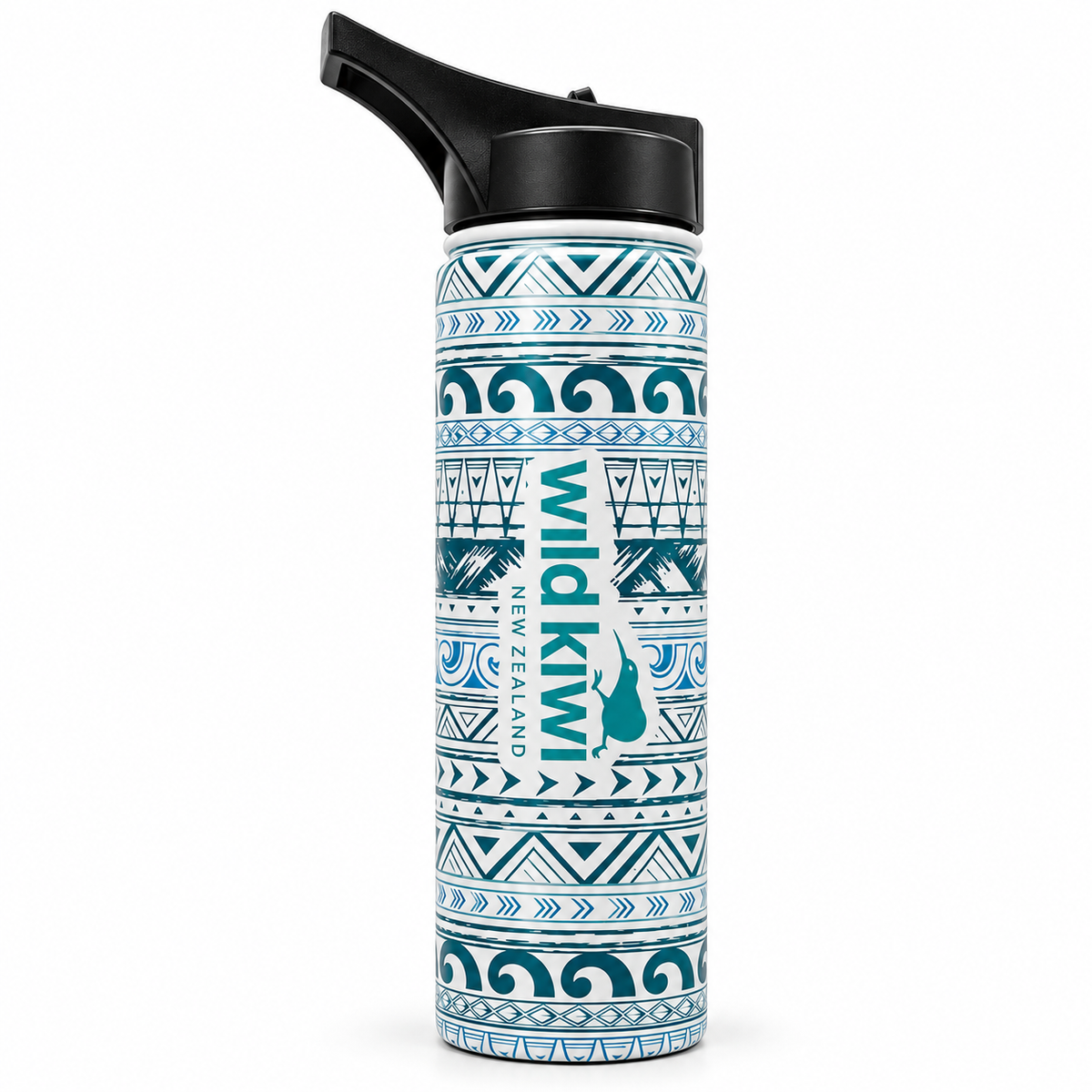 A tall insulated tumbler with a black flip spout lid, featuring a white and teal geometric tribal pattern and the vertical text 'Wild Kiwi' on the front, set against a plain white background.