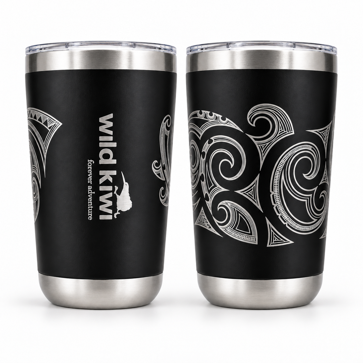 Two black insulated travel tumblers with silver stainless steel rims and bases, shown from the front and side to display the Polynesian wave pattern. An inset at the top shows the clear lid with a flip-up straw.