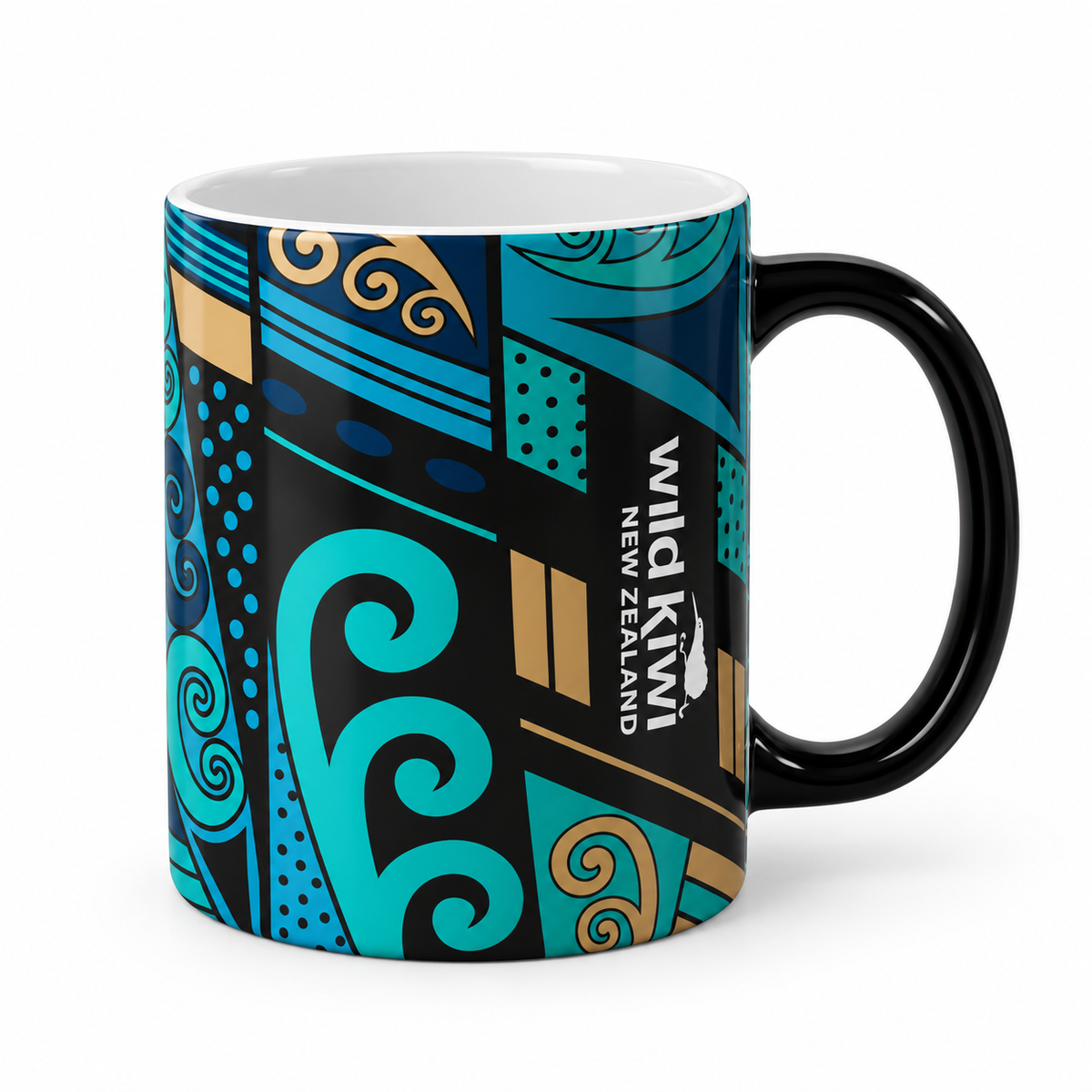 A ceramic mug with a black handle and interior, featuring a colourful South Island tribal-inspired pattern in teal, black, and tan. The text 'Wild Kiwi New Zealand' is printed vertically on the front.