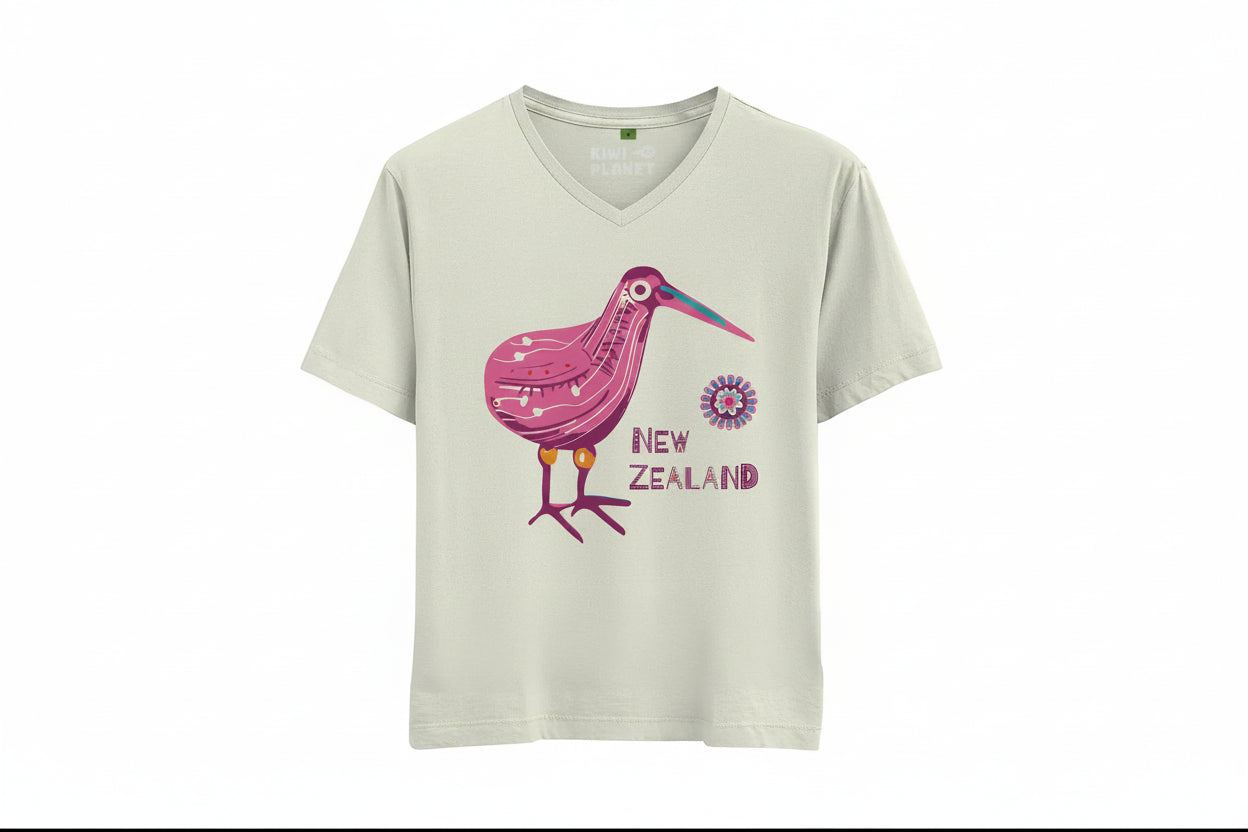 Beige t-shirt with a pink kiwi bird graphic and 'New Zealand' text on a white background