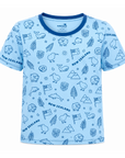 A light blue short-sleeve baby t-shirt with a dark blue crew neck and an all-over New Zealand-themed cartoon print featuring kiwi, sheep, flags, and the text 'NEW ZEALAND'.