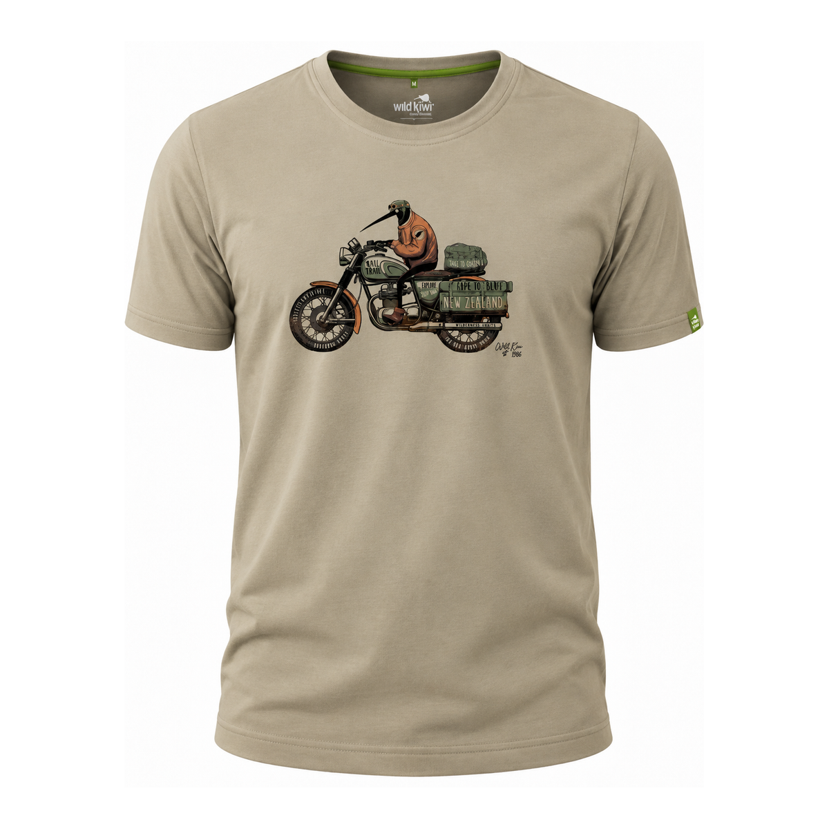 A beige crewneck t-shirt featuring a vintage-style graphic of a motorcycle with a rider on the chest. The shirt is displayed on a clean white background.