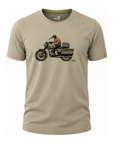 A beige crewneck t-shirt featuring a vintage-style graphic of a motorcycle with a rider on the chest. The shirt is displayed on a clean white background.