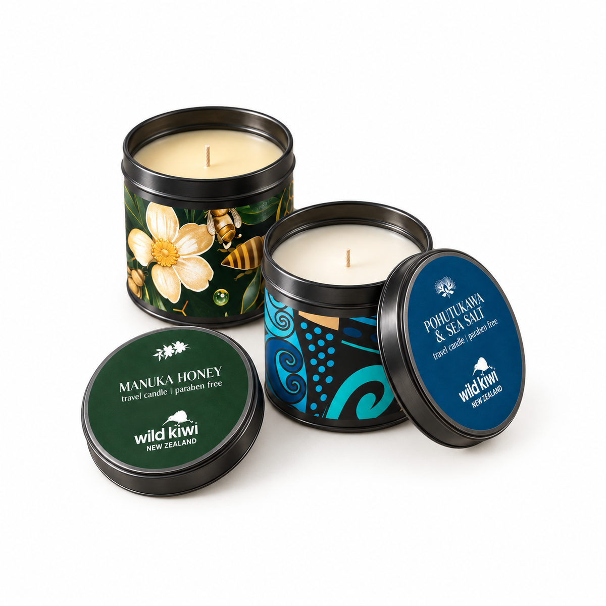 Three Wild Kiwi New Zealand scented travel candles in black metal tins with colourful lids, displayed on a light beige background. The candles include Manuka Honey, Pohutuaka &amp; Sea Salt, and Wild Kiwi New Zealand scented candles.