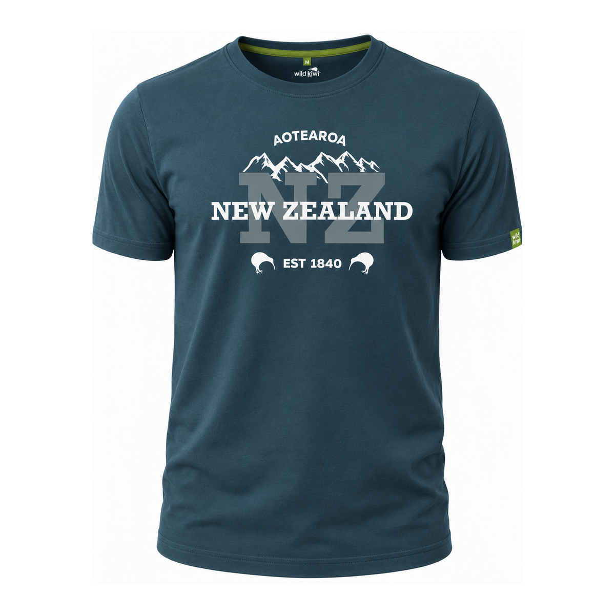 A dark teal blue short-sleeve t-shirt with a white graphic print on the chest featuring the text 'AOTEAROA NEW ZEALAND', 'EST 1840', and a mountain illustration. The shirt is displayed on a clean white background.