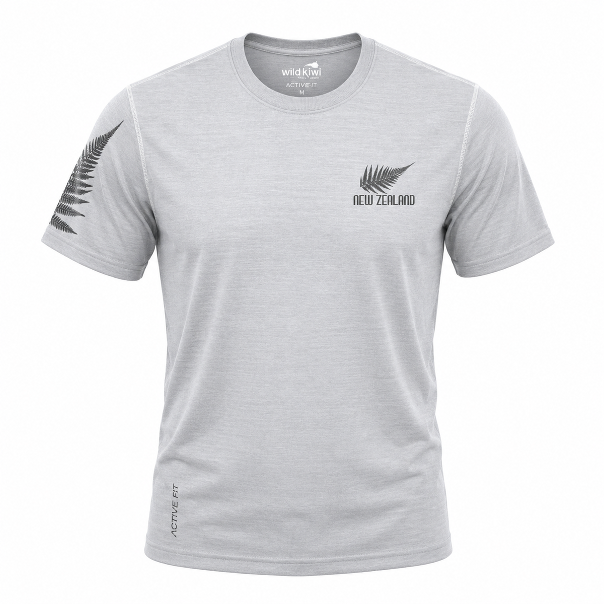 A light gray heather crewneck t-shirt featuring a black New Zealand fern and 'NEW ZEALAND' text on the left chest, with a black fern graphic on the right sleeve and 'ACTIVE FIT' text near the bottom hem.