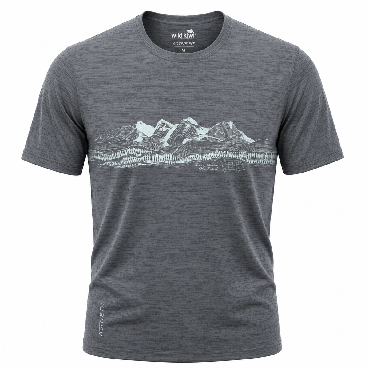 A dark heather gray short-sleeve t-shirt with a white line art graphic of a mountain range and pine forest across the chest, featuring the 'Wild Knout' brand logo printed inside the collar.