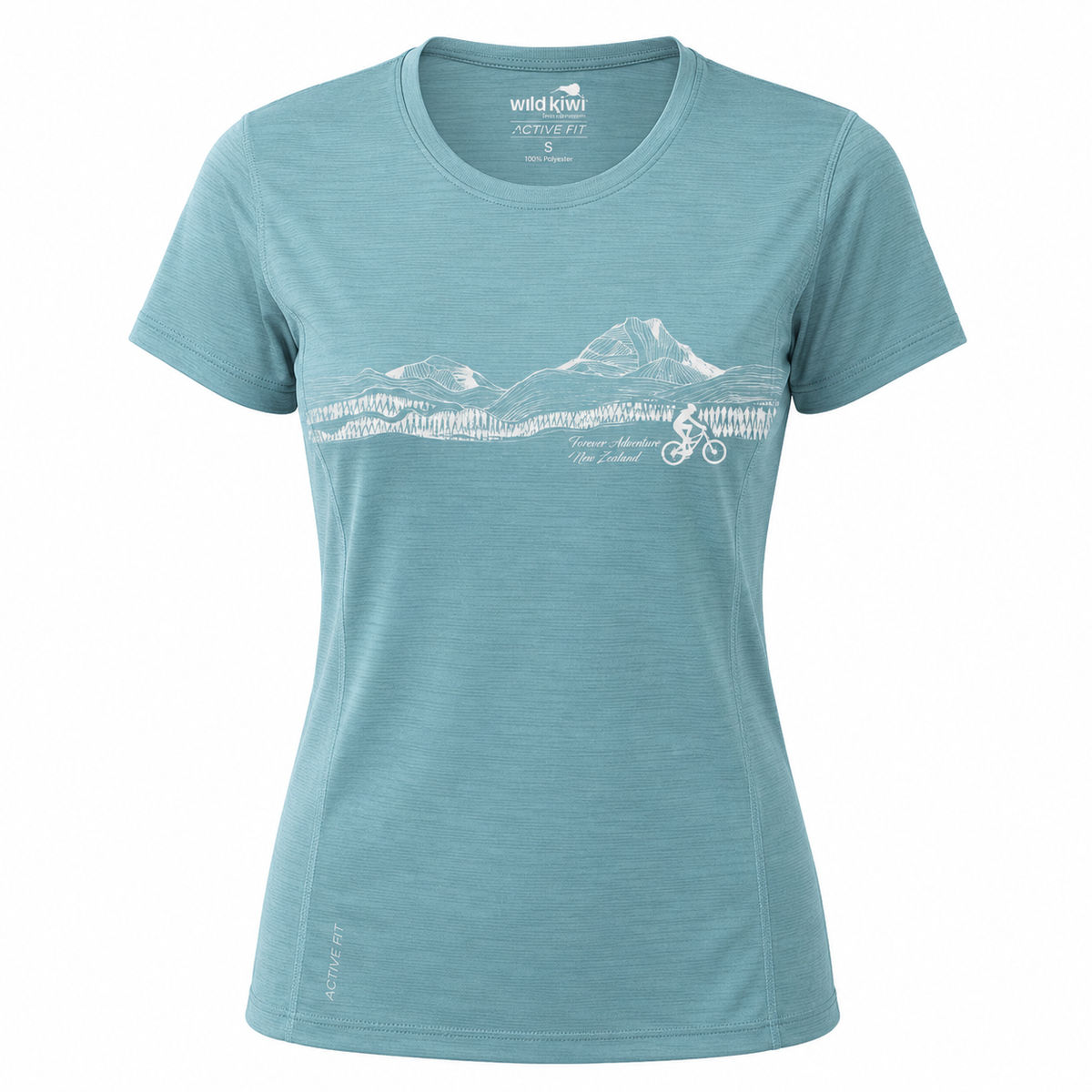 A women's short-sleeve crewneck t-shirt in heathered teal blue, featuring a white line-art graphic of mountains, a forest, and a cyclist across the chest. The brand 'Wild Kiwi' is visible on the inner neck label.