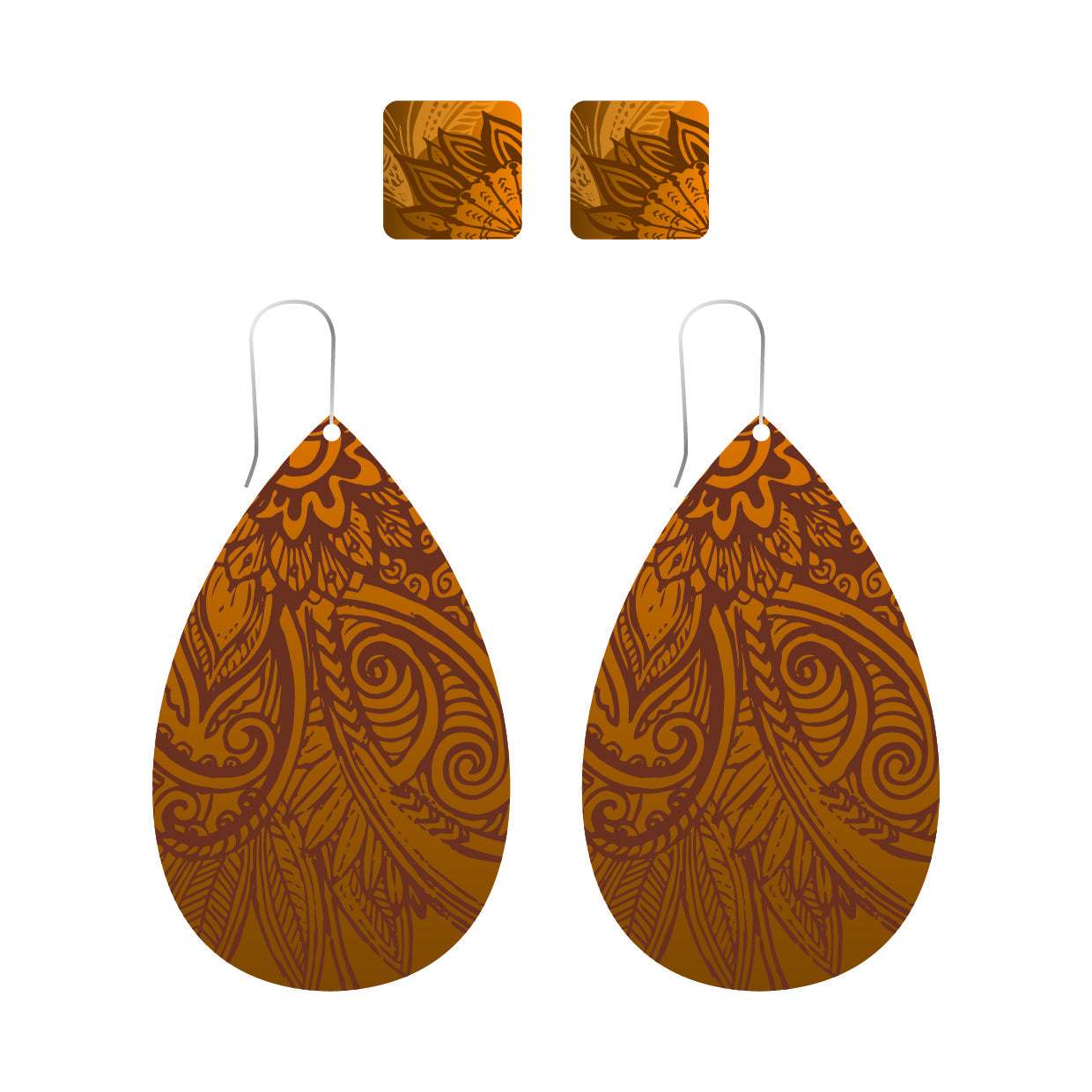 Teardrop-shaped earrings with intricate Maori inspired brown pattern.