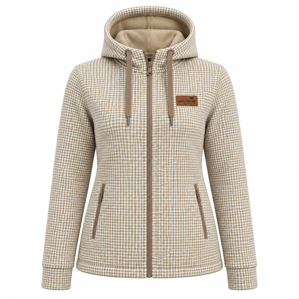 A women's zip-up hooded jacket featuring a beige and brown gingham check pattern, a beige hood lining, and a small brown brand patch on the left chest.