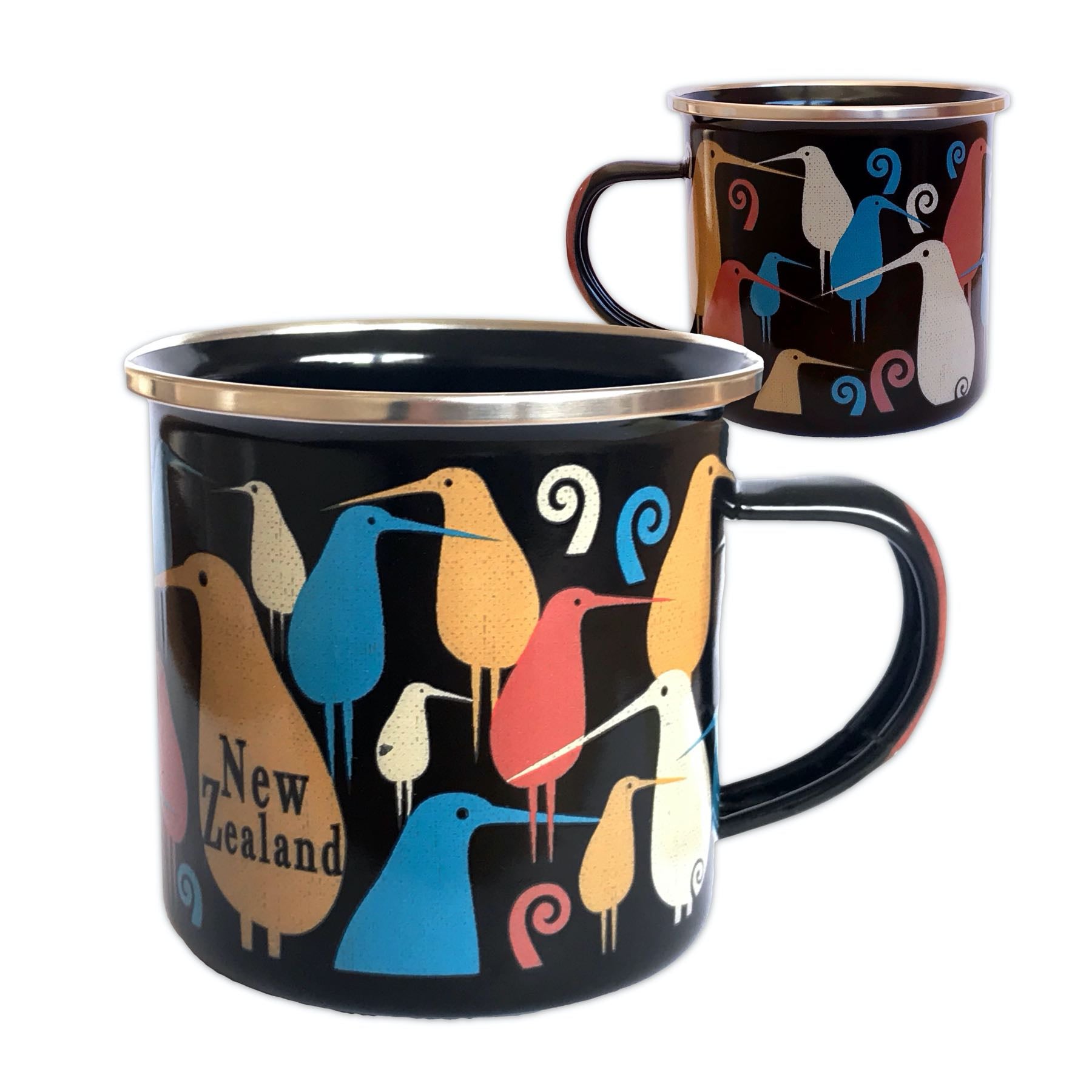 Black enamel travel mug. Kiwi bird design. Designed in New Zealand. www.wild-kiwi.co.nz