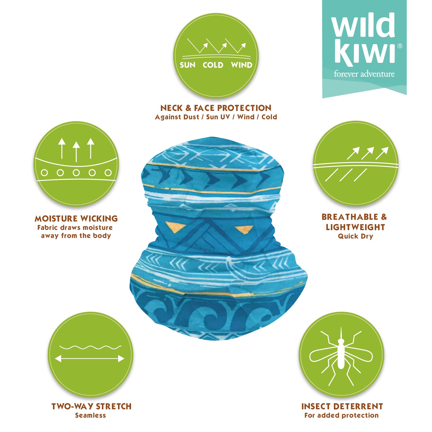 Wild Kiwi Multi Scarf provides sun, dust and wind protection