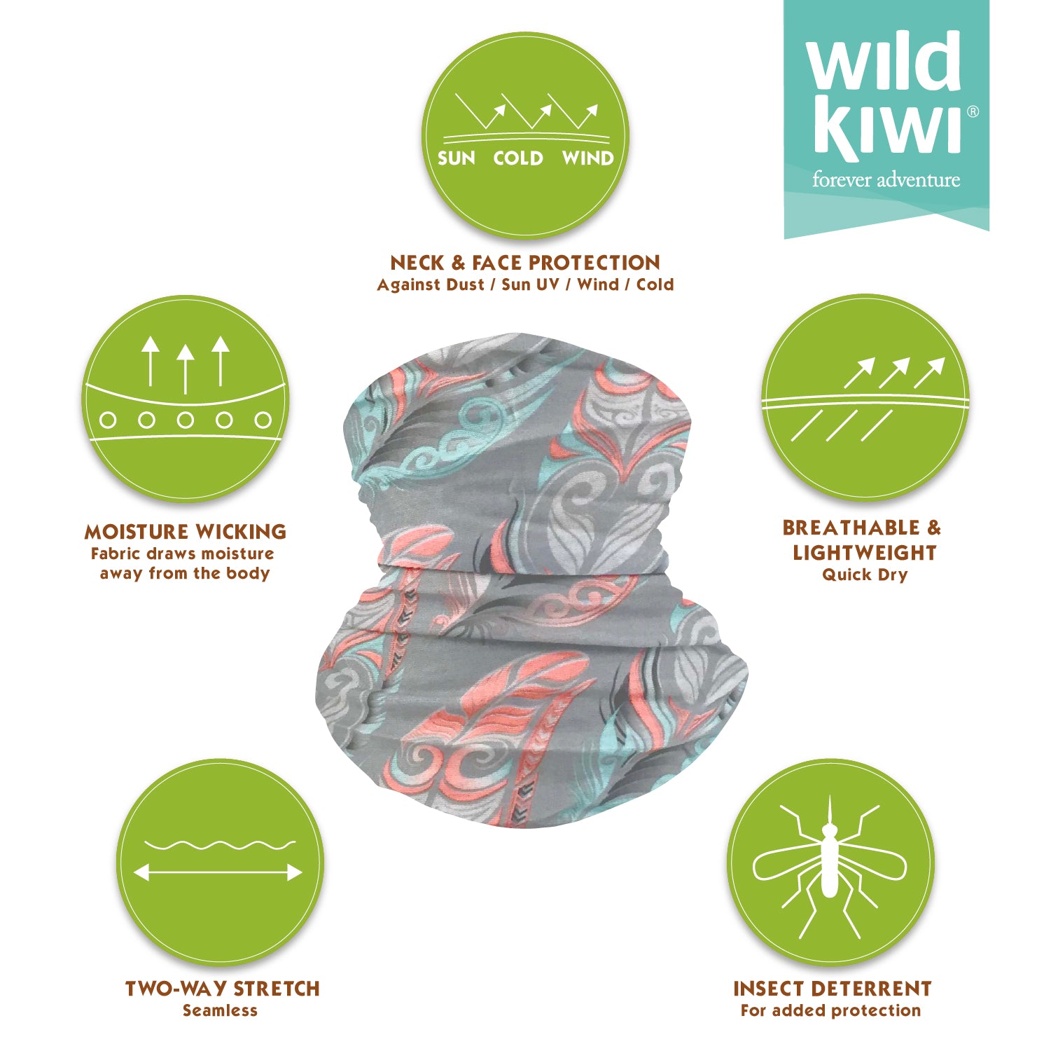 Wild Kiwi Multi Scarf provides sun, dust and wind protection