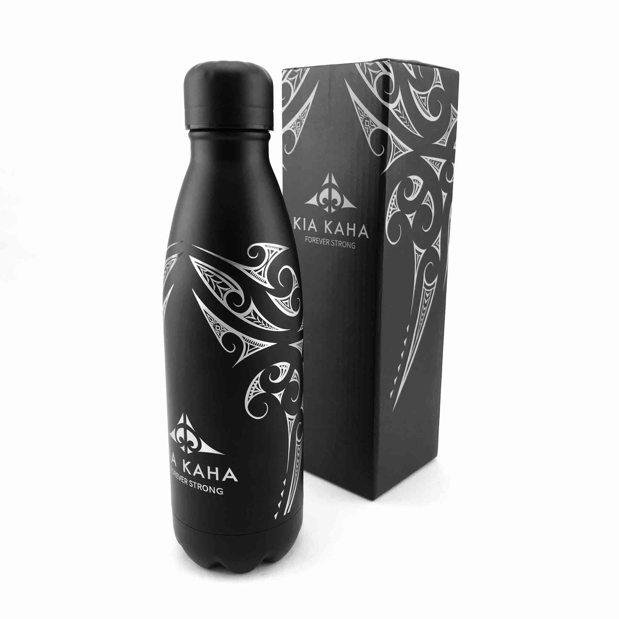 black insulated drink bottle with Maori design, Kia Kaha New Zealand