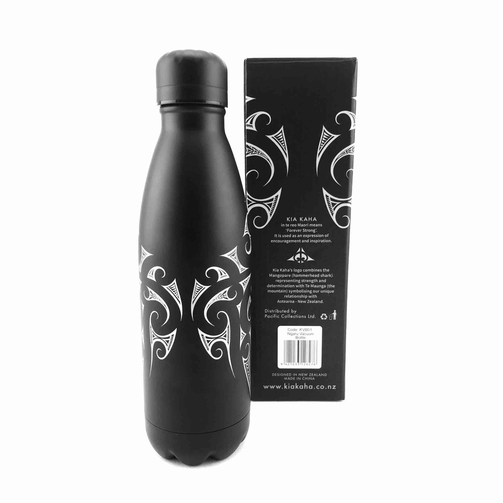 black insulated drink bottle with Maori design, Kia Kaha New Zealand