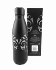 black insulated drink bottle with Maori design, Kia Kaha New Zealand
