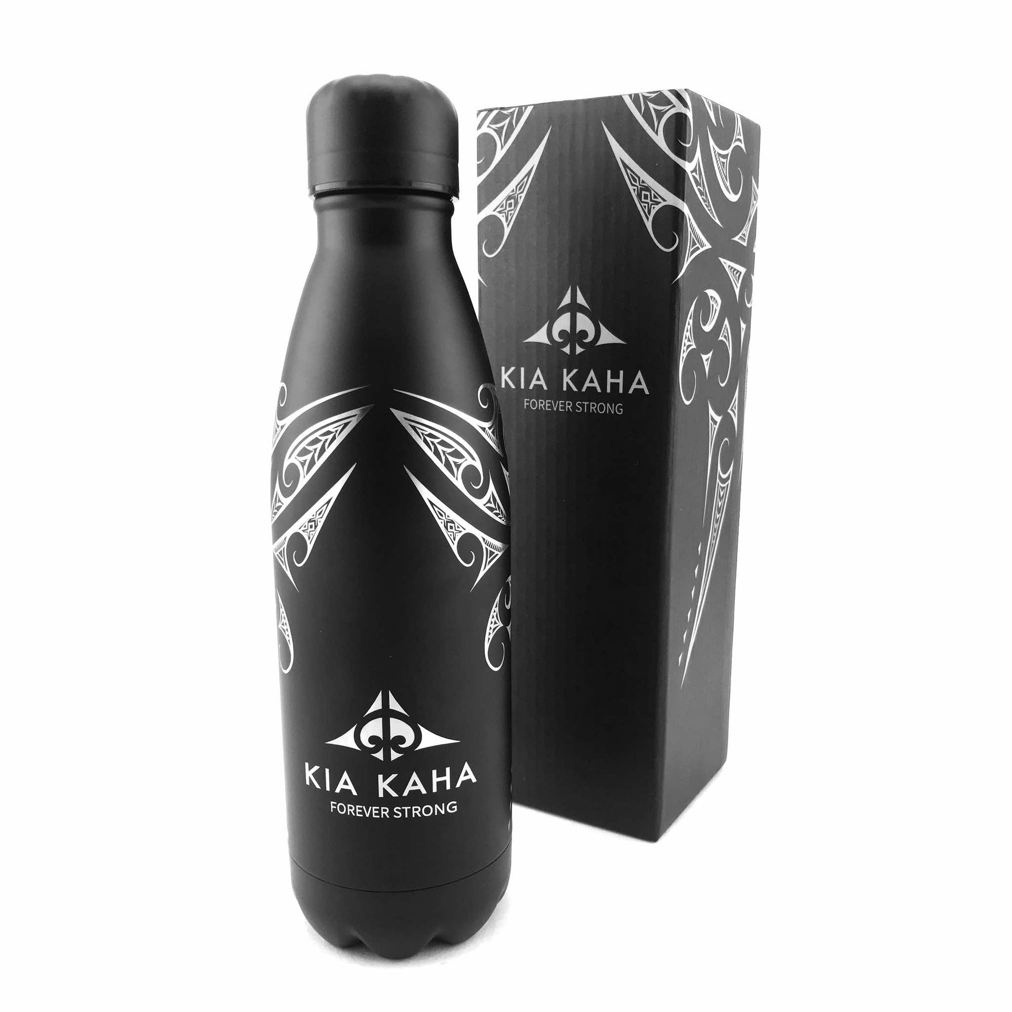 black insulated drink bottle with Maori design, Kia Kaha New Zealand