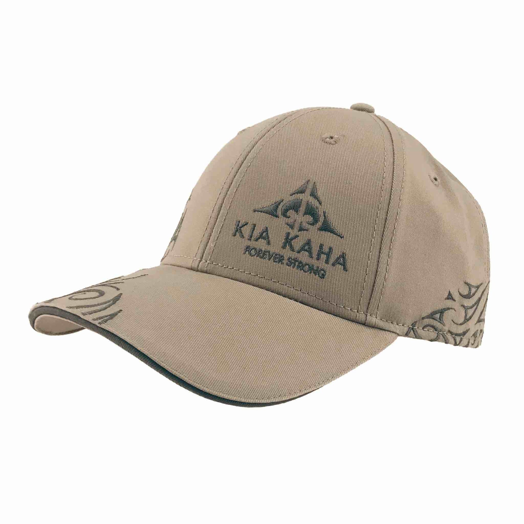 stone, tan kia-kaha baseball cap with Maori design. Kia Kaha New Zealand