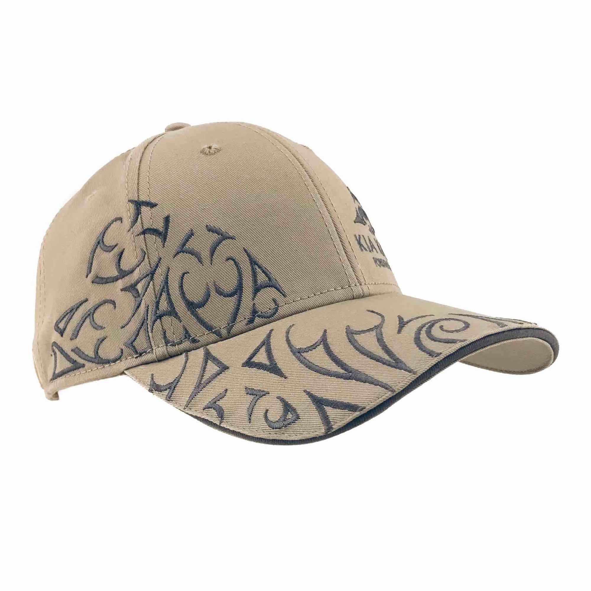 stone, tan kia-kaha baseball cap with Maori design. Kia Kaha New Zealand